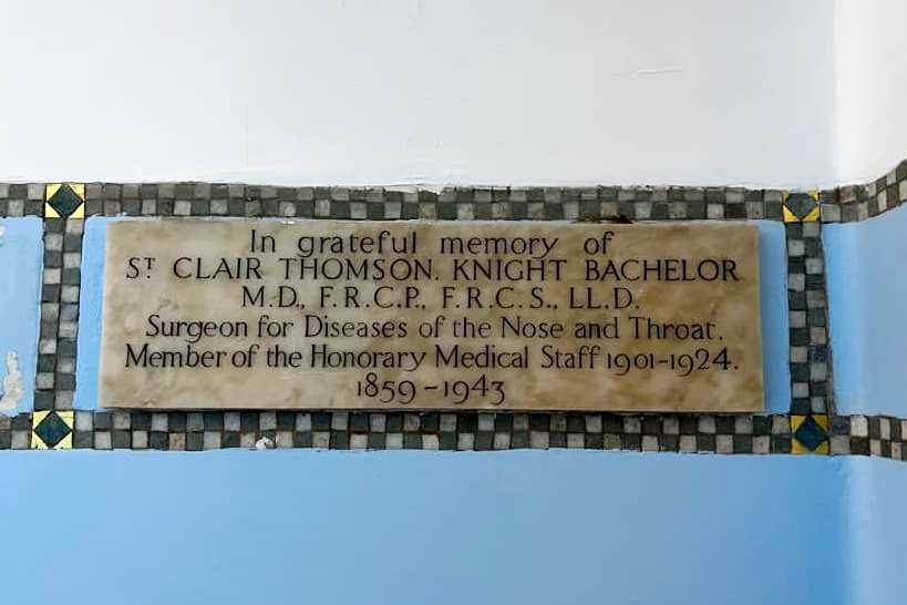 St Clair Thomson memorial tablet, St Luke's Chapel, King's College Hospital, London (by Adrian Thomas) (4).jpg